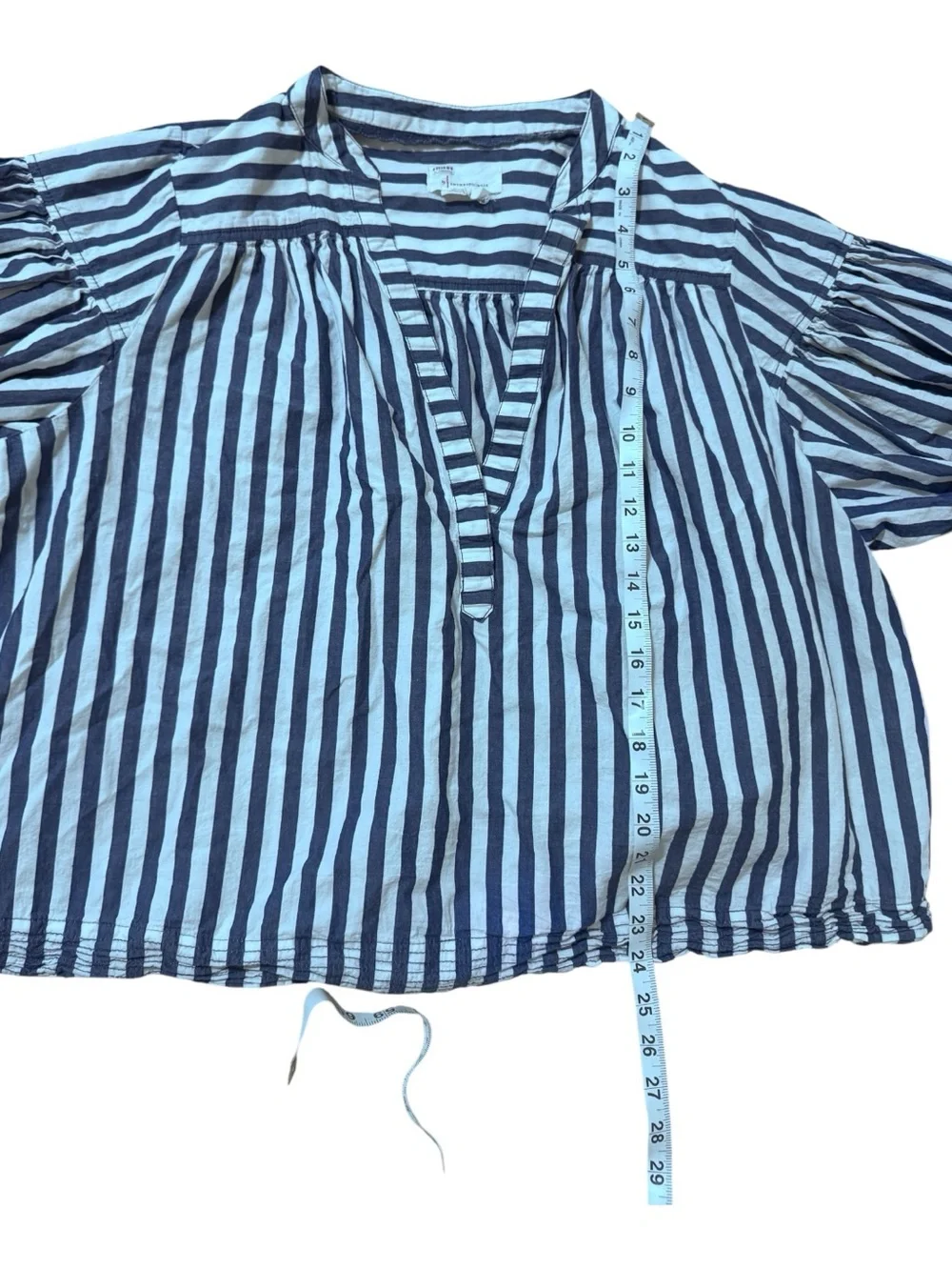 Anthropologie Navy & White Striped V-Neck Puff Sleeve Blouse